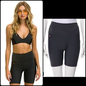 AVIATOR NATION Speed 6” Hi-Rise Biker Shorts Titanium Colorblock Medium NEW TAGS